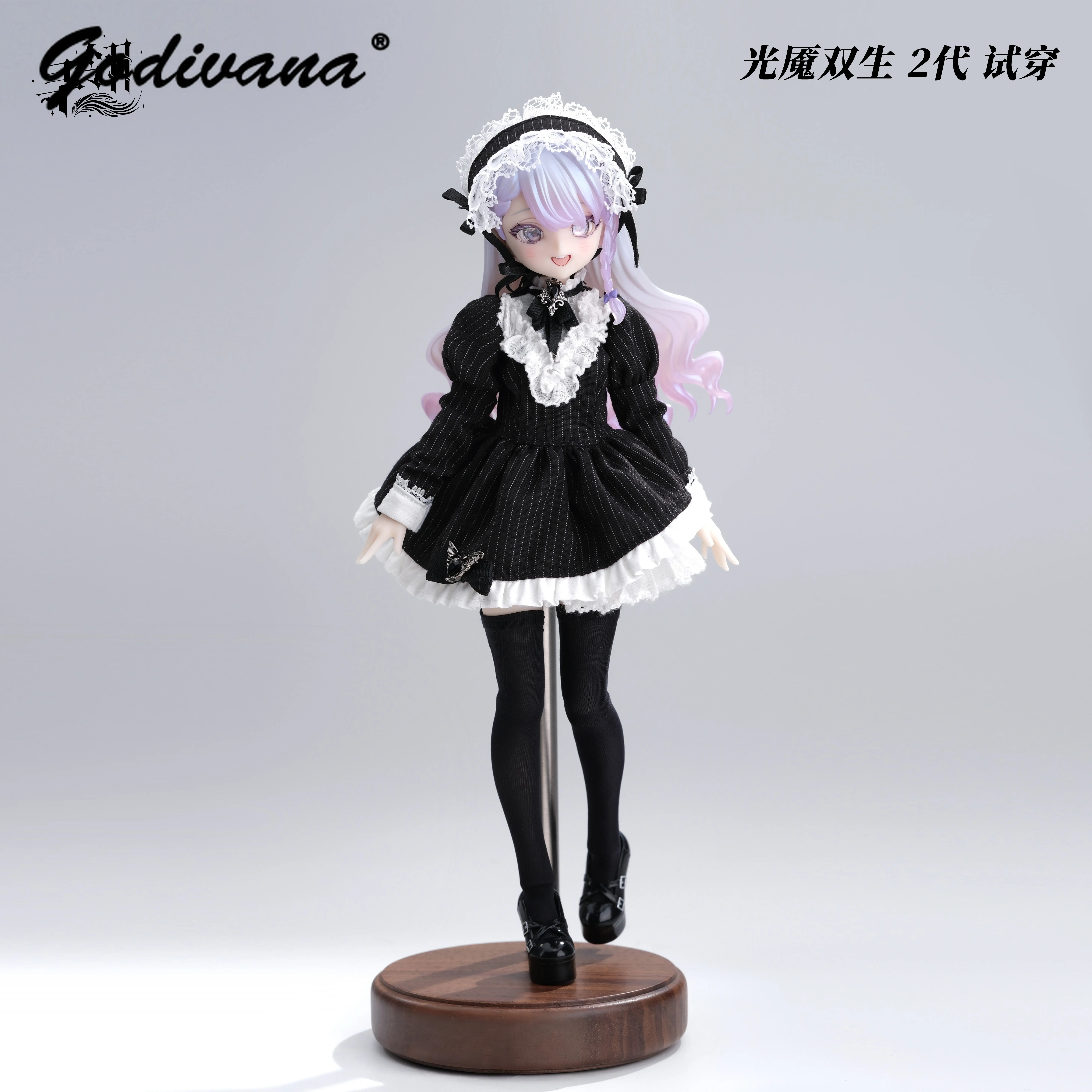 Special 1/6 MJD Azone Ob22 BJD Doll Clothes Set Gothic Stripe Puff Sleeve Lace Ruffle Lolita Dress with Thigh High Socks for BJD