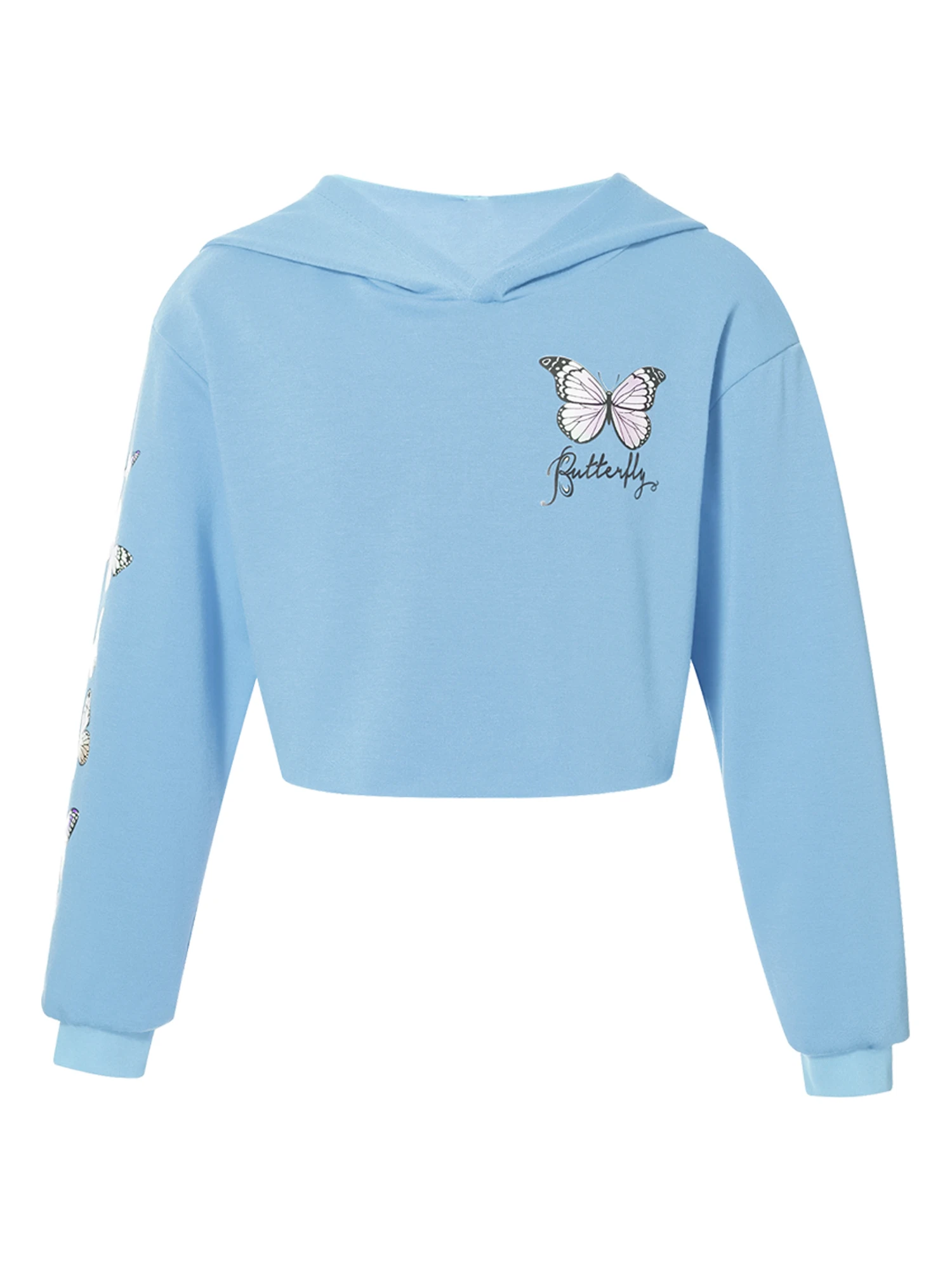 Kinder Meisjes Lange Mouw Street Dance Outfit Capuchon Vlinder Print Cropped Sweatshirt Tops Met Ketting Joggingbroek Danskleding