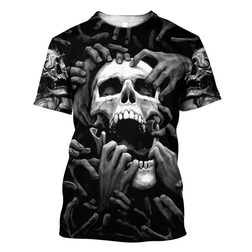 Men\'s Terror Skull 3D Printed T-shirt, Round Neck Loose Short Sleeve T-shirt, Unisex, Summer Fashion Men\'s T-shirt