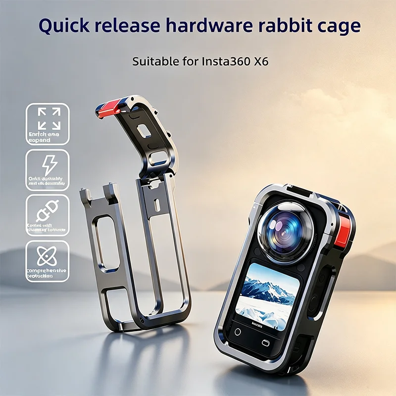 For Insta360 X6 Camera Metal Magnetic Quick-Release Rabbit Cage Aluminium Alloy Expan Protective Frame with Cold Shoe Accessory