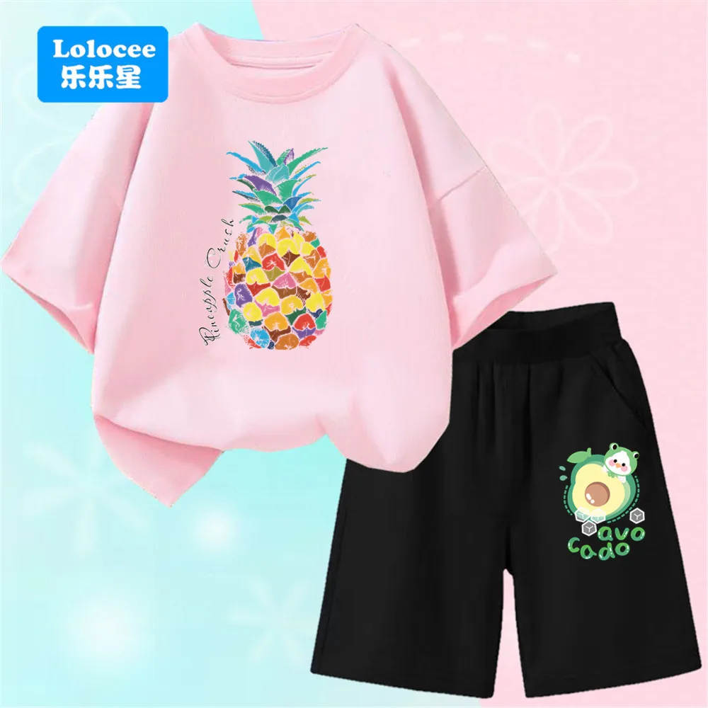 

Летний комплект детской одежды, футболки с короткими рукавами и принтом ананаса для девочек, топ и шорты, костюм из двух предметов, BL1