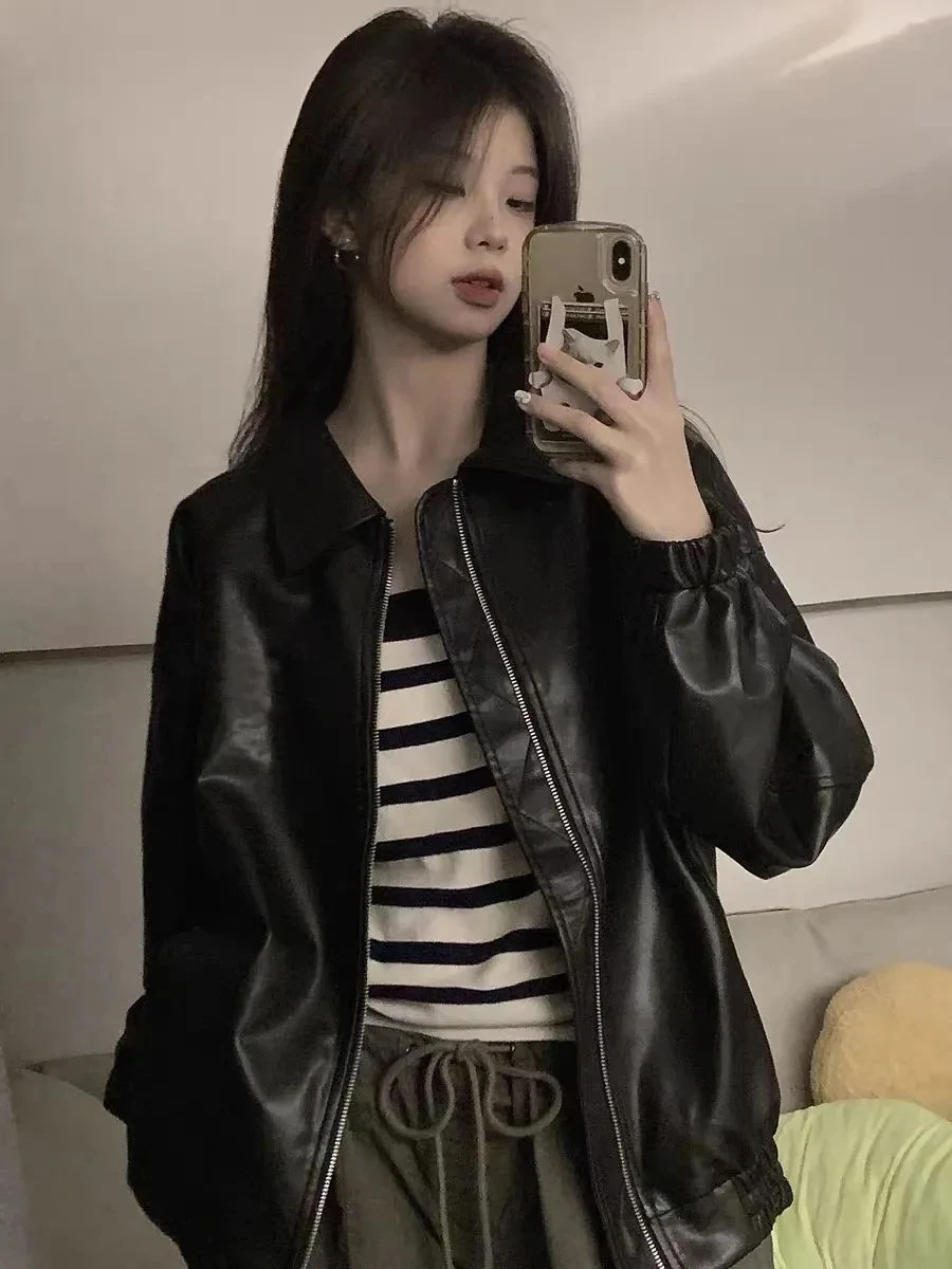 Cappotto in pelle da motociclista vintage in Cina-Chic da donna Primavera e autunno 2025 Nuovo top dal design Maillard casual allentato