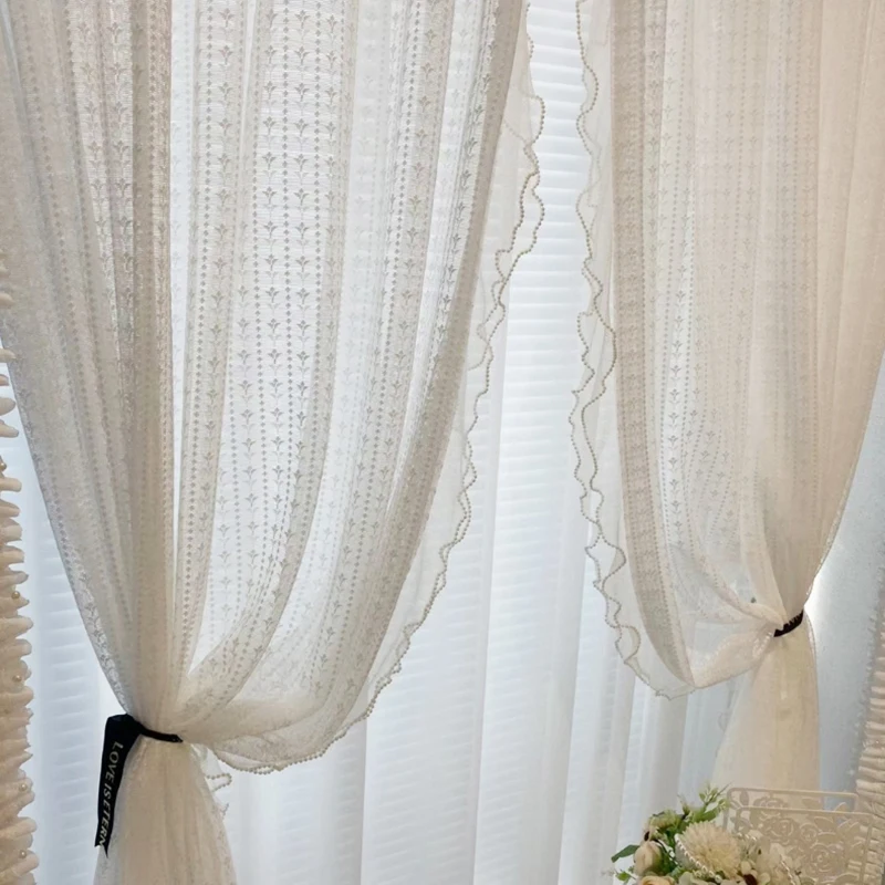 2PCs French Vintage White Lace Tulle with Beaded Ruffles Voile Sheer Curtains for Living Room Bedroom Romantic Window Decorative