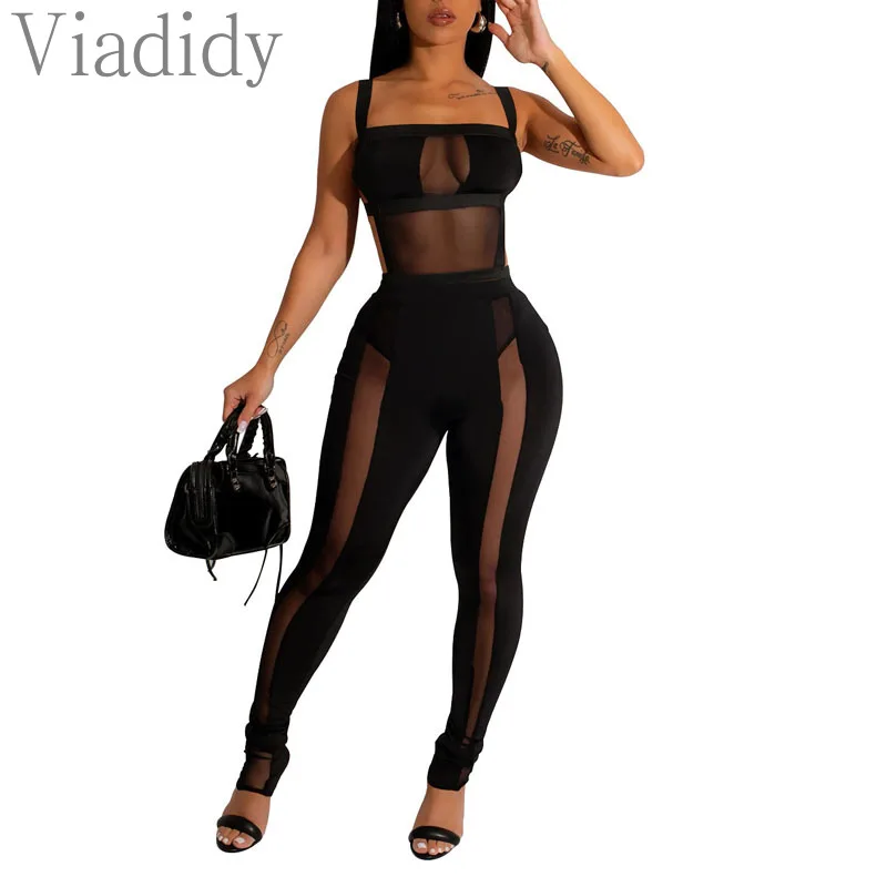 Women Sexy Solid Color Spaghetti Strap Sheer Mesh Spliced Zipper Back Skinny Bodysuit and High Waist Pants 2pcs Set