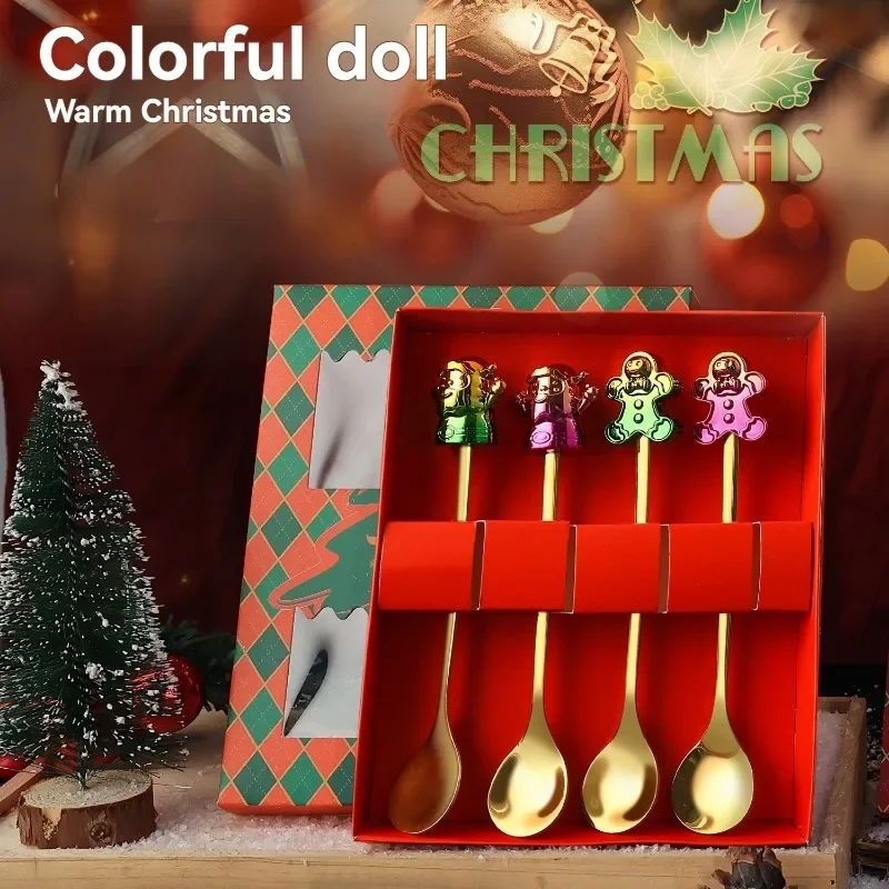 2/4/6PCS Christmas Tableware Stainless Metal Glitz Doll Spoon and Fork for Coffee Dessert Xmas Gift Santa Claus Decoration Spoon