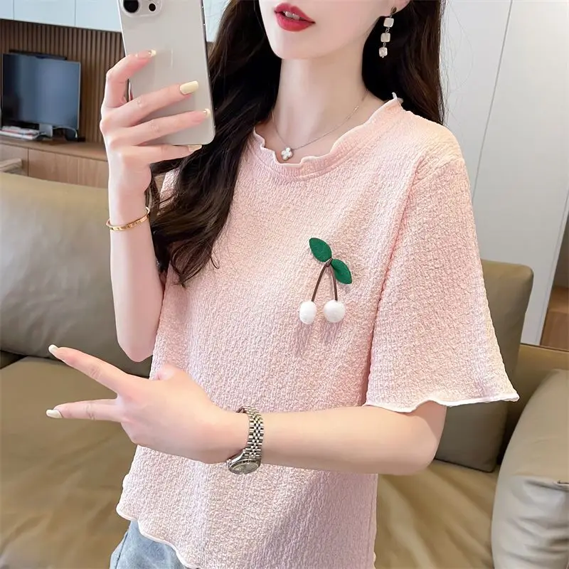 

Summer Korean Girls Sweet Fashion Loose Design Short Sleeve T-shirt Solid Round Neck Patchwork Casual Versatile Trendy Short Top