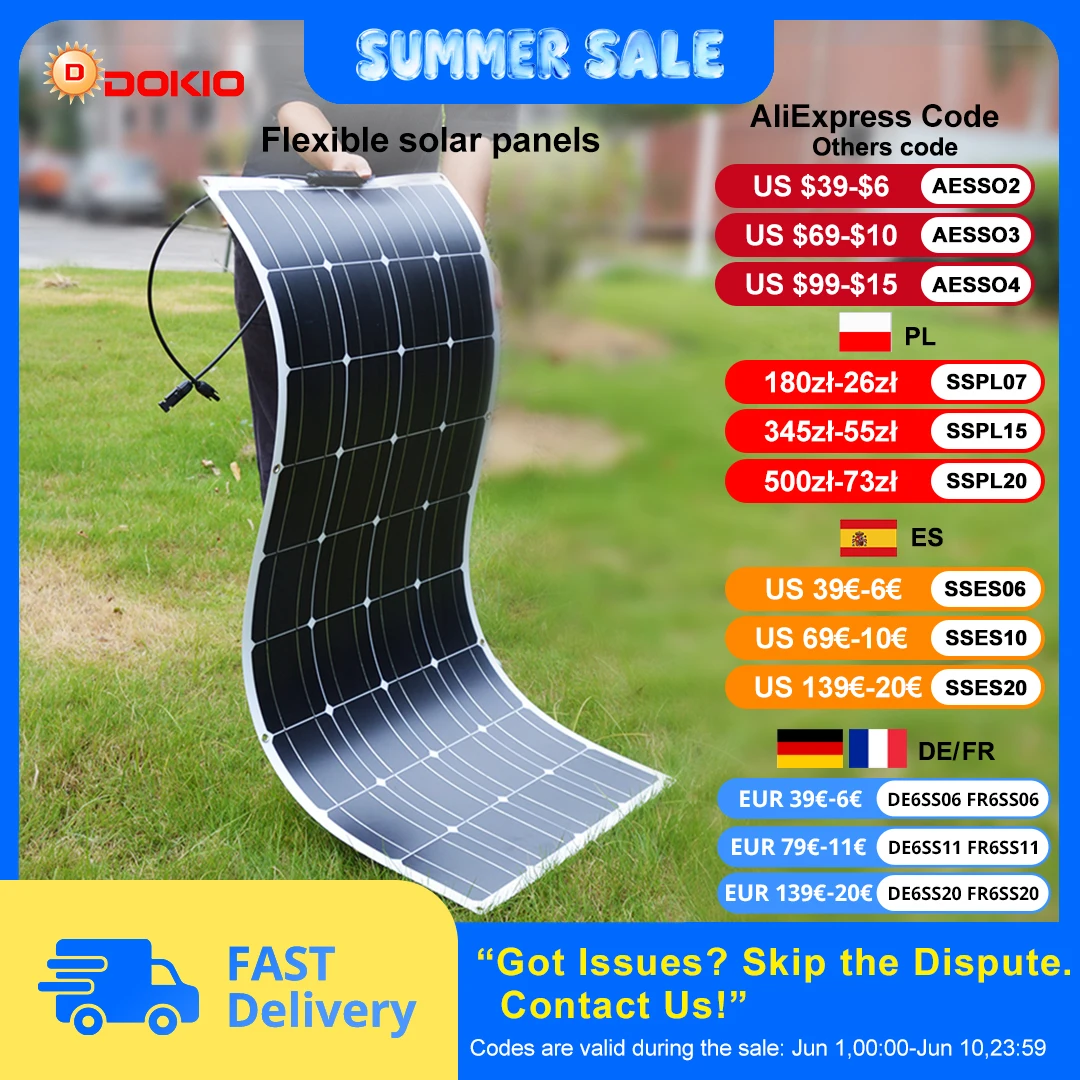 DOKIO-Panneaux solaires flexibles monocallins étanches, 18V, 100W, 200W, 400W, panneaux solaires étanches, camping, montres, charge domestique 12V