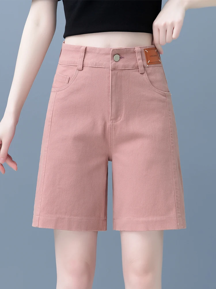 

Summer Thin Denim Shorts Women's High Waist Wide Leg Five-Pointed Pants Pink Color Casual Cotton Stretch Fabric Wear Resistant