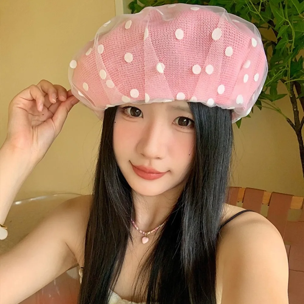 

Vintage Korean Polka Dot Berets New Mesh Knit Painter Caps Lace Casual Beanie Cap Streetwear