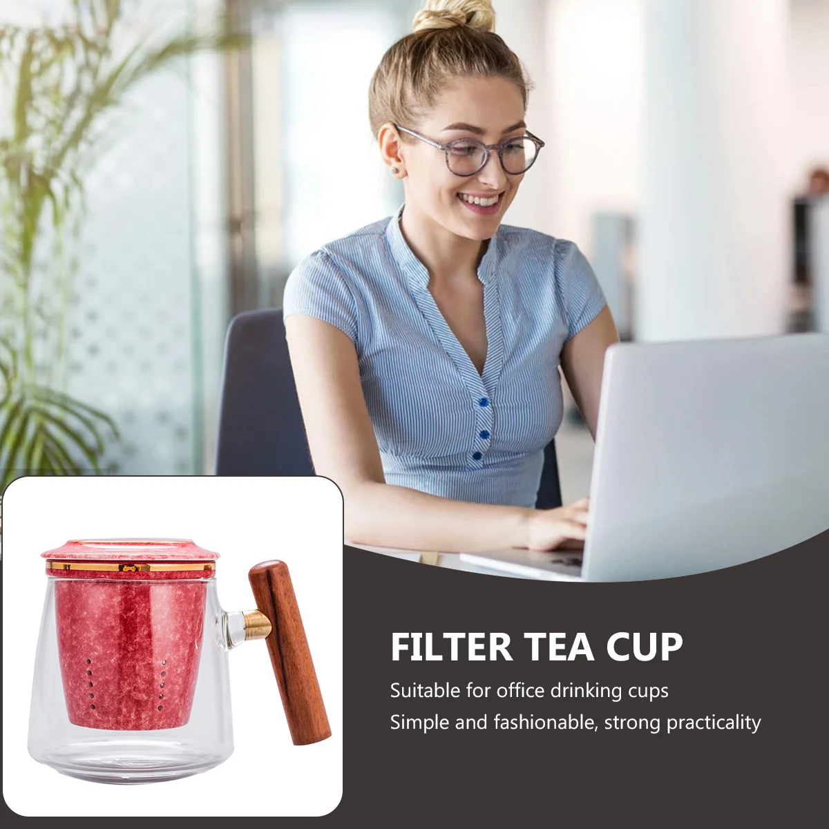 

1Set Glass Tea Cup with Wooden Handle 400ml Office Tea Mug Anti-Scald Lidded Beverage Cup Portable Home Use Coffee Milk Juice