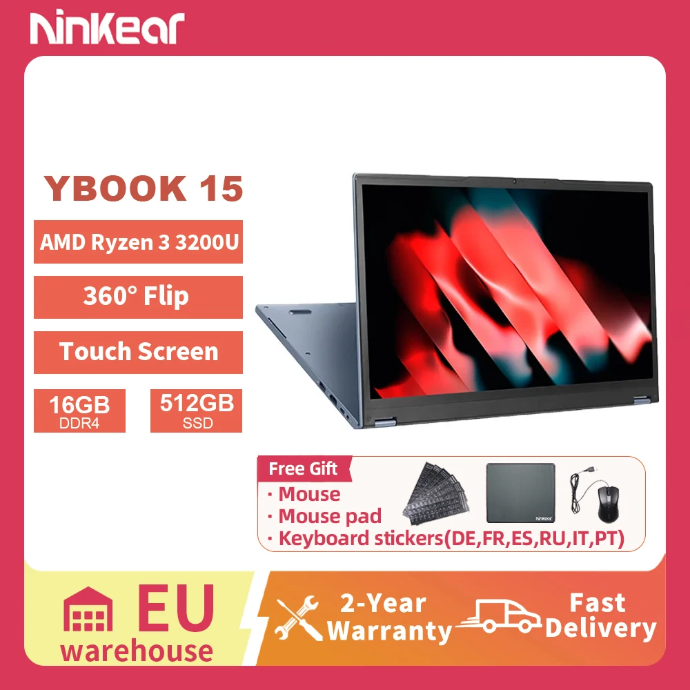 Laptop Ninkear YBOOK 15 15.6 Cala Ekran Dotykowy 360° składany 2 w 1 Tryb Yoga 16GB RAM 512GB SSD AMD Ryzen Windows 11 Notebook Ultrabook Konwertowalny Lekki do Biura Student Multimedia