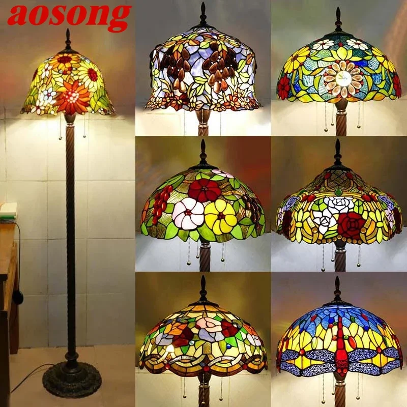 

AOSONG Tiffany Floor Lamp American Retro Living Room Bedroom Lamp Country Stained Glass Floor Lamp