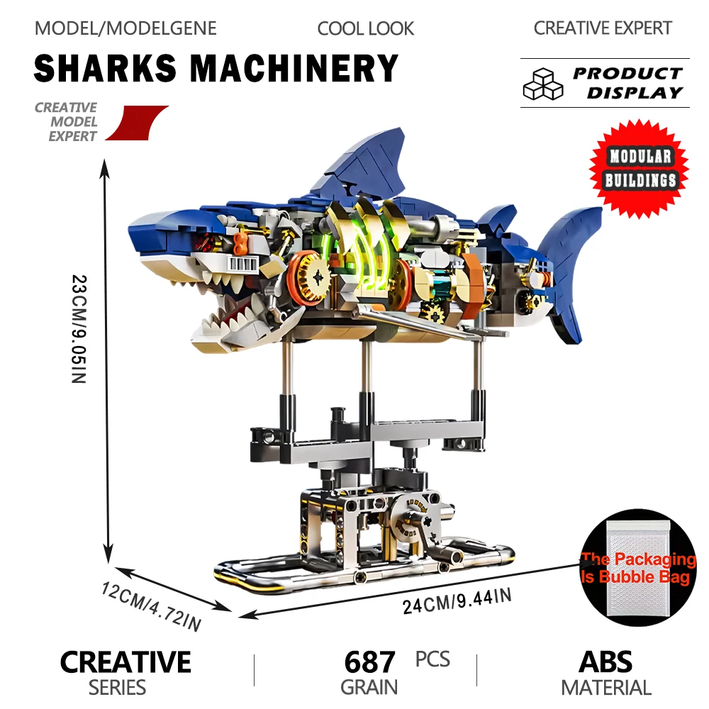 

Sci-Fi Semi-Mechanical Shark Building Blocks Highly Articulated Movable Action Model Assembly Construction Bricks Set Gift Adult
