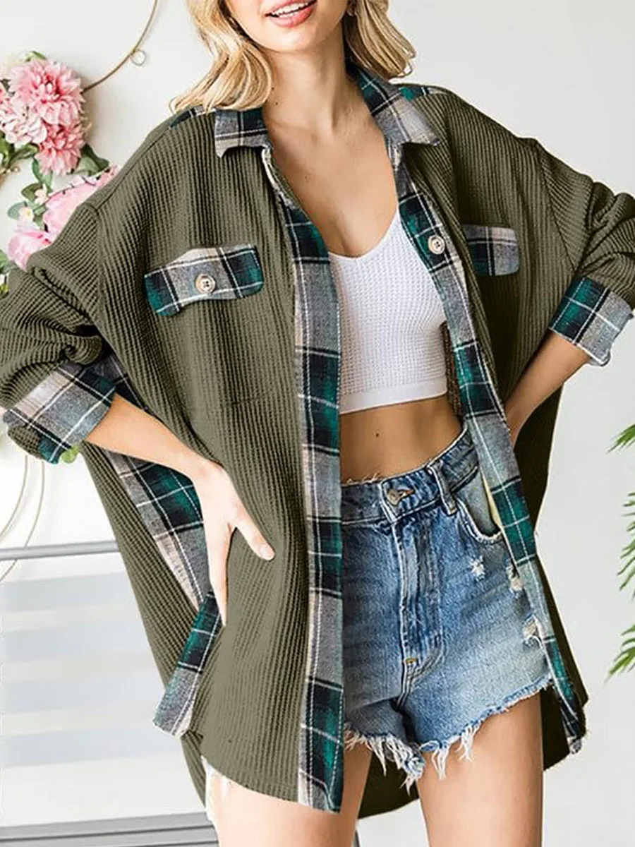 Frauen Waffel Plaid Patchwork Shirt Frühling Herbst Strick Loose Fit Langarm Mantel Tops Button Down Revers Kragen Jacke