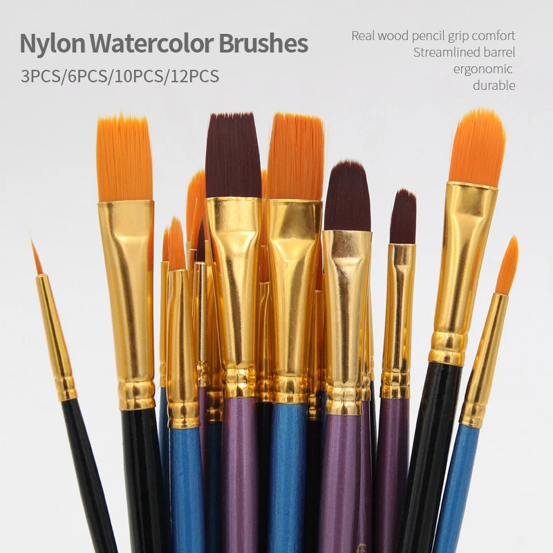 Nylon Hair Wooden Handle Artist Paint Brush Set Professional Oil Watercolor Acrylic Painting Brushes 3/6/10/12Pcs Art Supplies