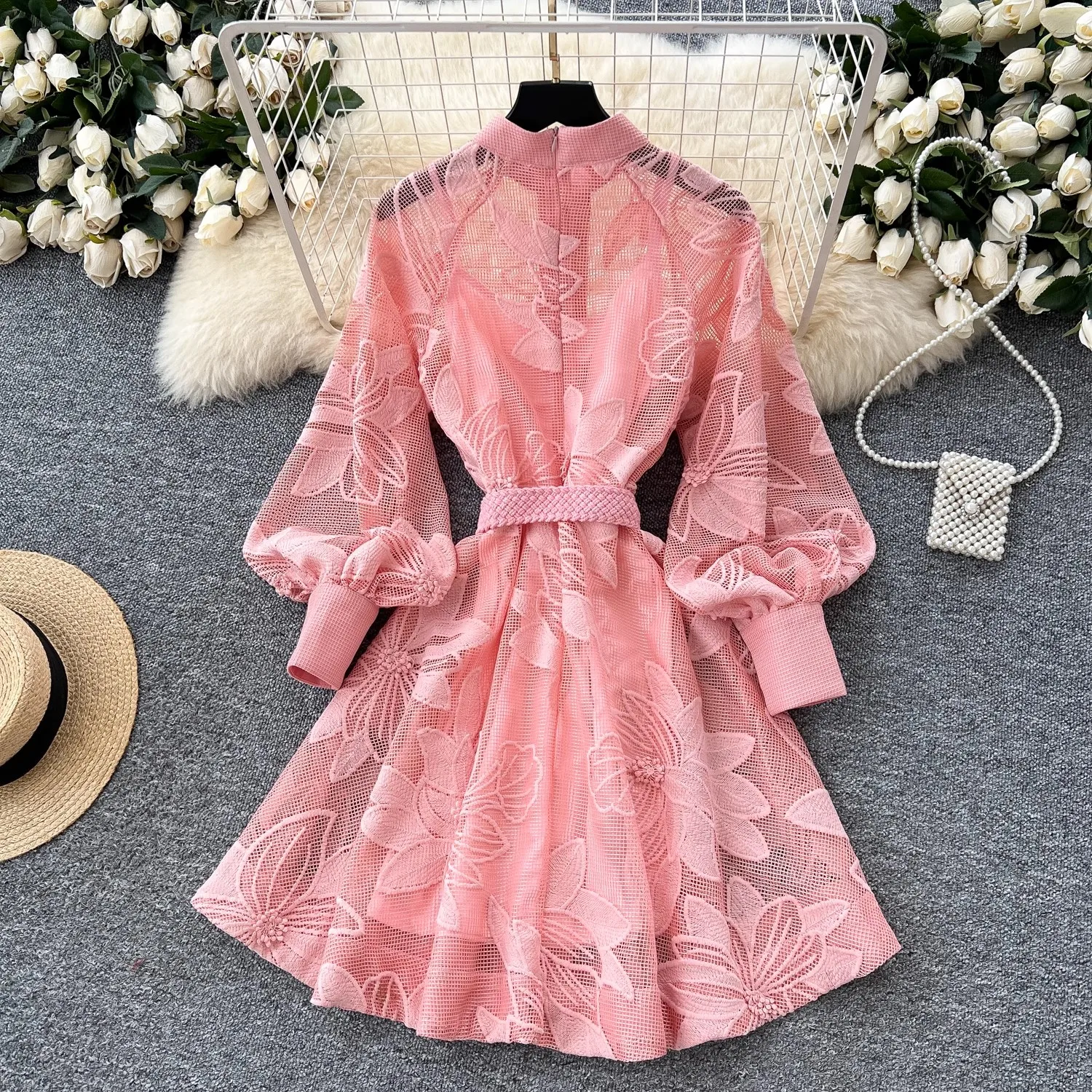 2025 French High-End Elegant Hollow Out Flower Crochet Lace Embroidery Dress Women Vintage Lantern Sleeve Sashes A Line Dress