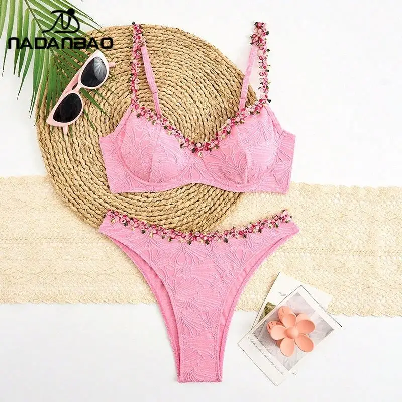 Nadanbao Elegant 3D Flowers Bikini Women's Sexy Pink Textured Swimsuit Thin Straps Bathing Suit Summer Seaside Beach Swimwear
