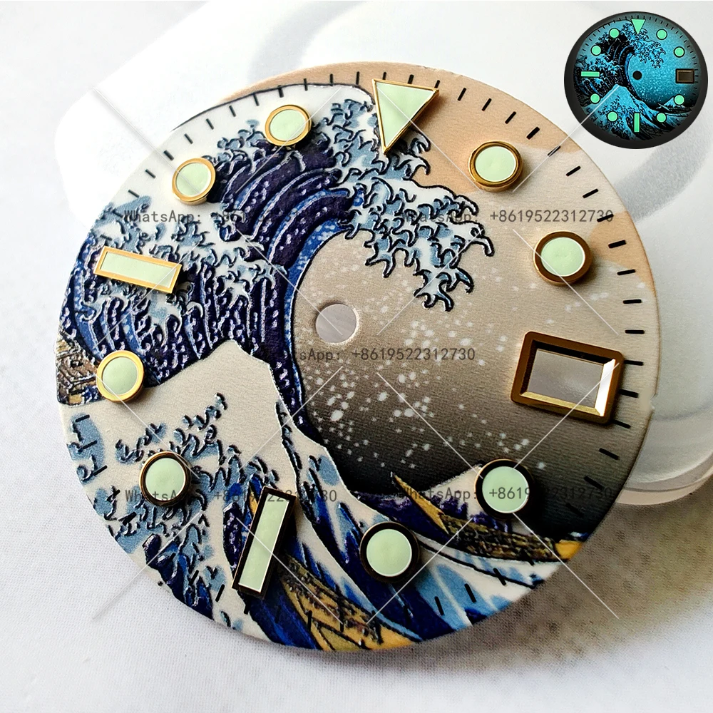 

28.5Mm Kanagawa Wave Dial 3/3.8 o'clock Case NH35/36/4R Dial Gold Nail C3 Full Luminous
