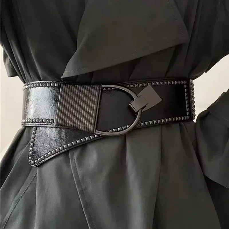 *Fashion High Quality Ladies Rivet Wide Belt Coat Dress Decorated Waist Elastic Punk Girdle Belts for Women Luxury Designer Bran