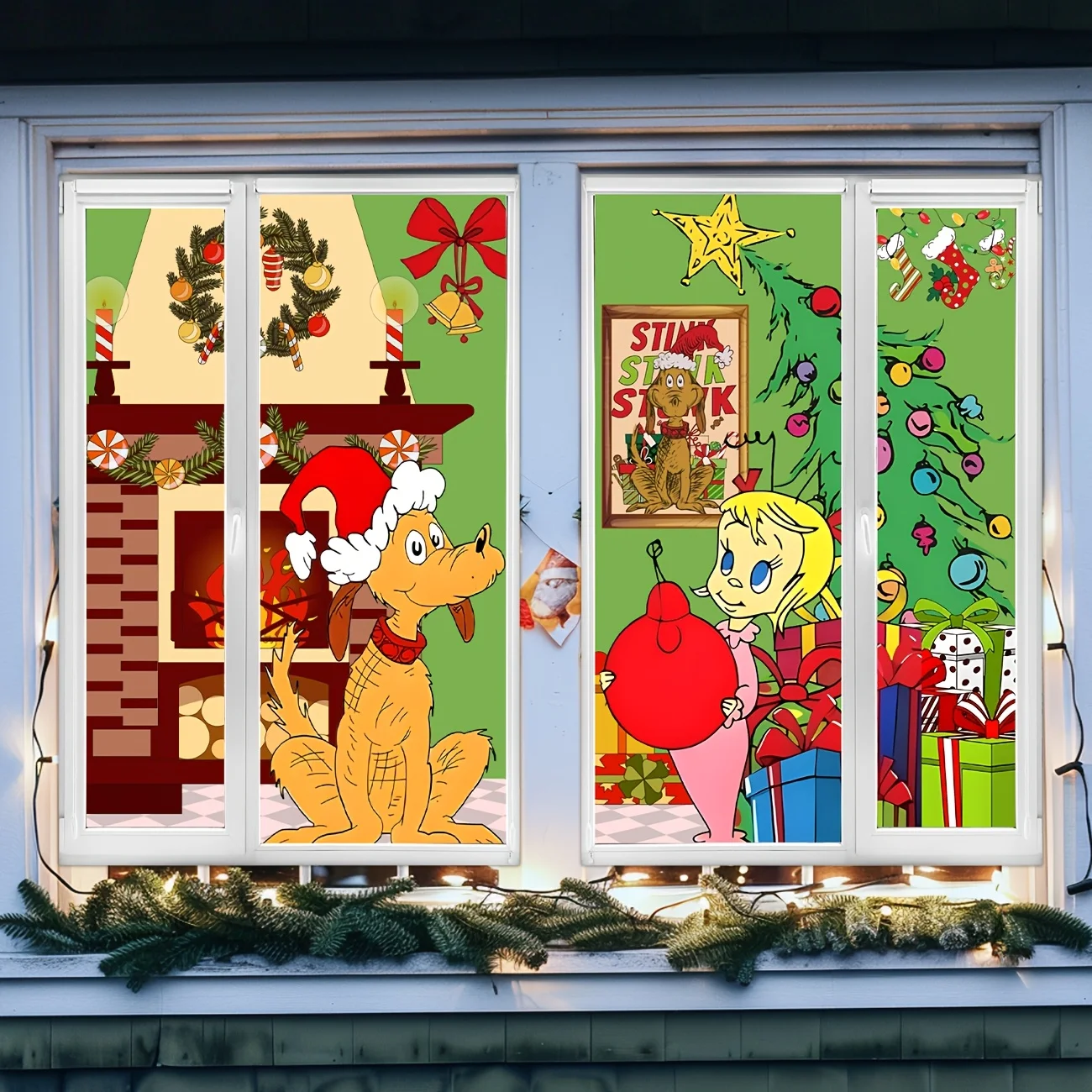 زينة عيد الميلاد لافتة حفلات نافذة عيد الميلاد صورة ظلية الديكور فتاة الكلب غطاء نافذة عيد الميلاد نافذة ملصق ل Indo