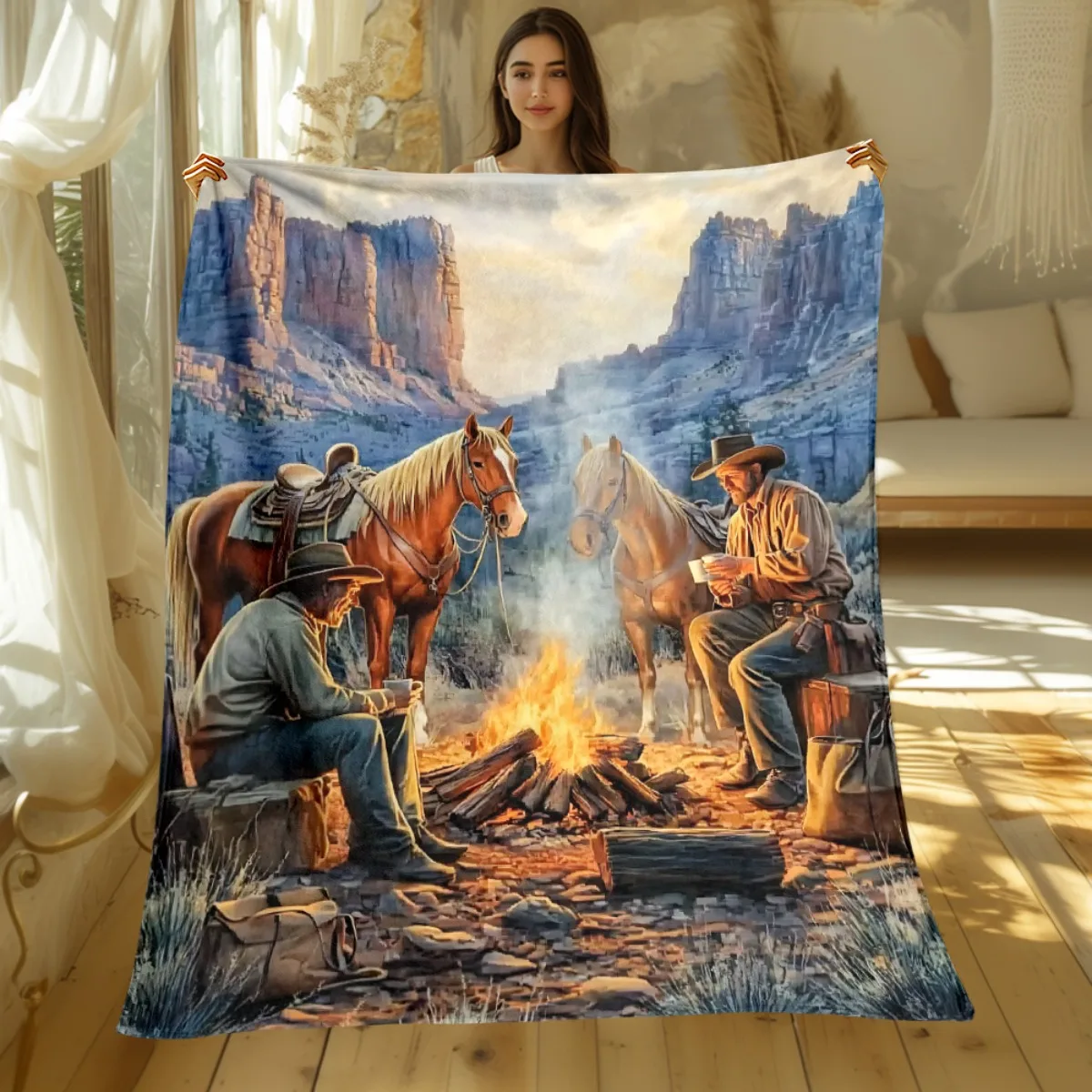 High Quality Western Cowboy Theme Throw Blanket Polyester Fleece Rug for Home Decor Living Room Rustic Canyon Camping Picnic