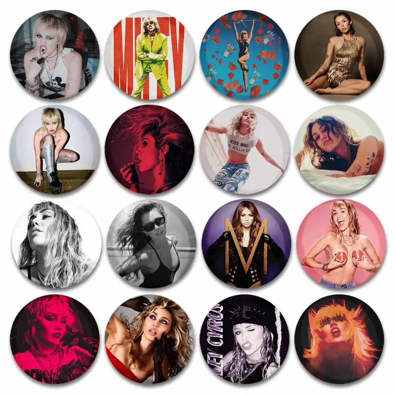 Pop Singer Miley Cyrus Button Pins Aesthetic Tinplate Music Album Round Brooch on Clothes Bag Jewelry Accessories Friend Gifts