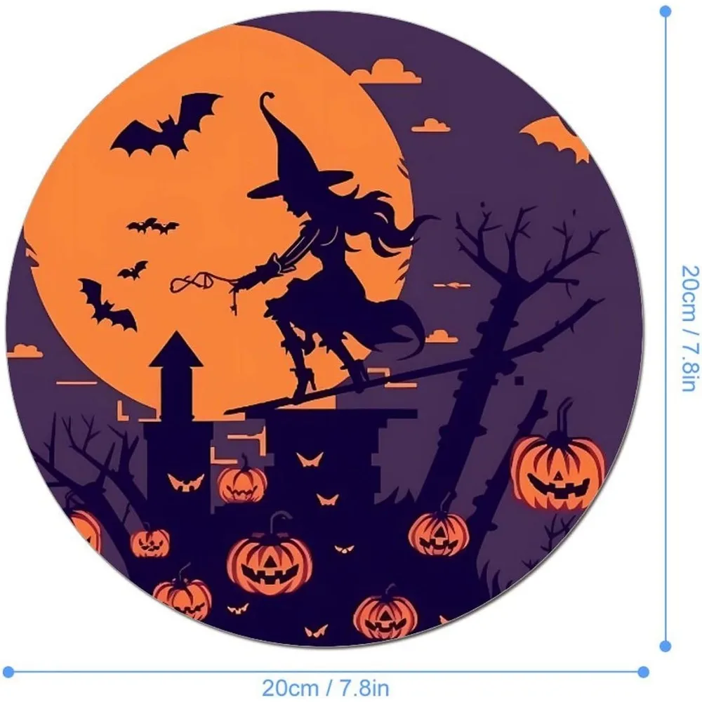 Alfombrilla de ratón redonda de bruja de Halloween de 20 cm con diseño de calabaza voladora y cráneo fantasma