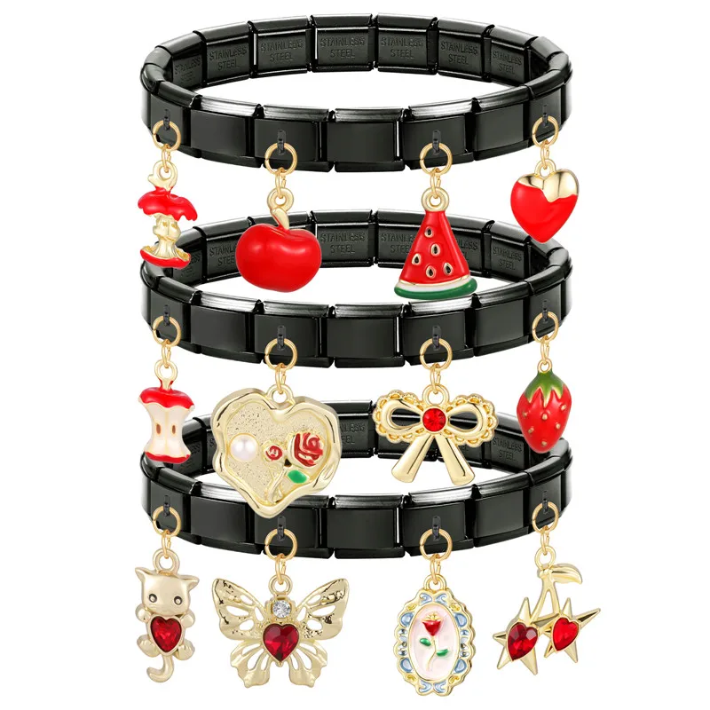 Fashion Red Pendant Watermelon Strawberry Moon Rose Heart Black Italian Charm Links Fit 9MM Stainless Steel Bracelet DIY Making