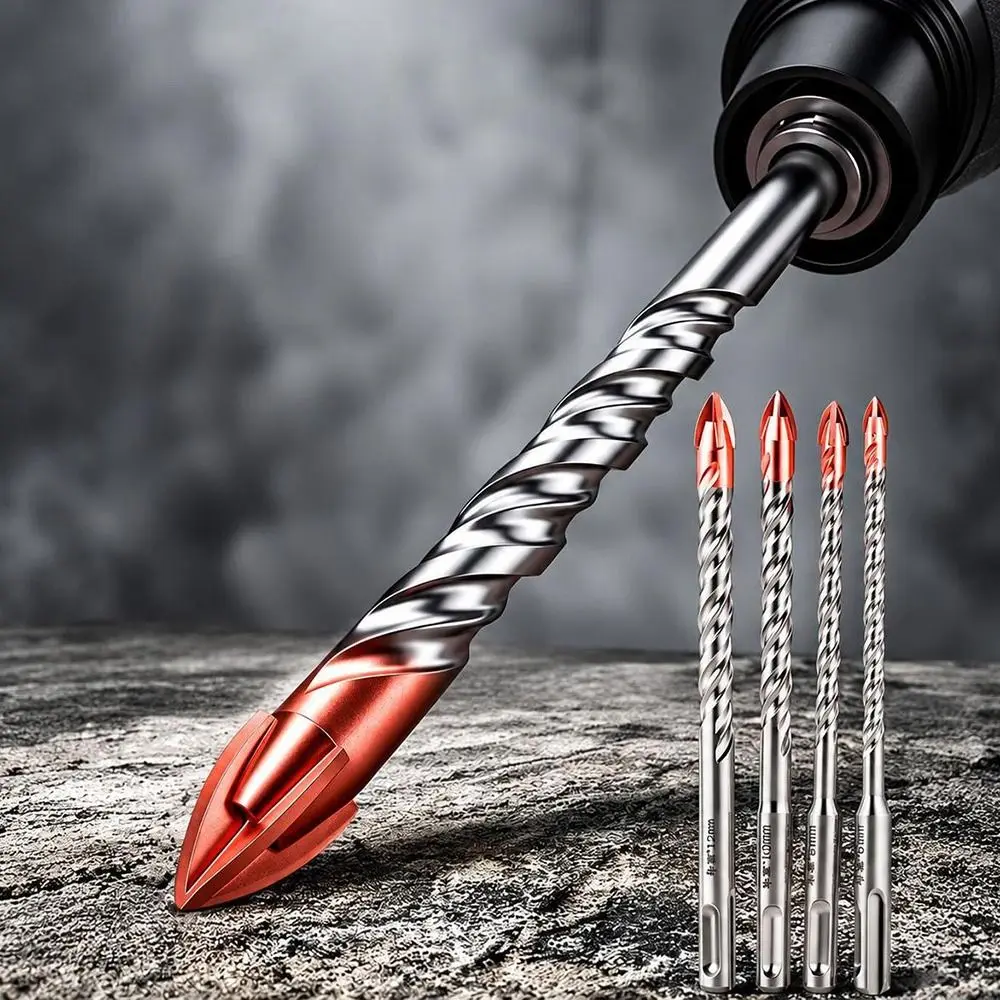 Extended Four-bladed Cross Impact Drill Bit Slotted Round Shank Hardware Accessories Concrete Drill Bit Spiral Flutes