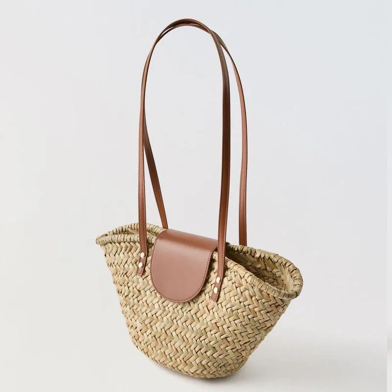 Casual Rattan Basket Bag Natural Wicker Woven Women Shoulder Bags Vintage Handmade Summer Beach Bag Large Capacity Tote Purses