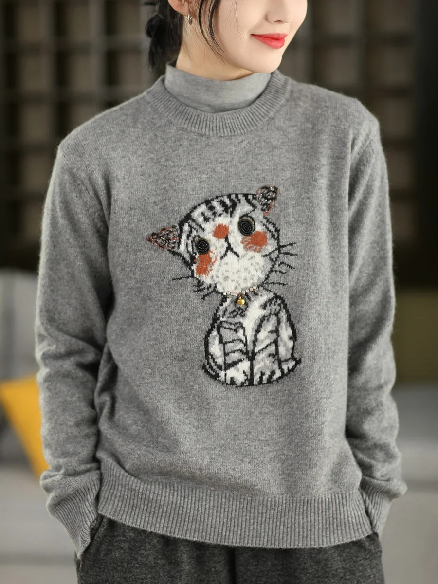 

Весенний шерстяной вязаный свитер с объемной вышивкой для женщин, теплый, удлиненный, вязаный топ, художественный стиль