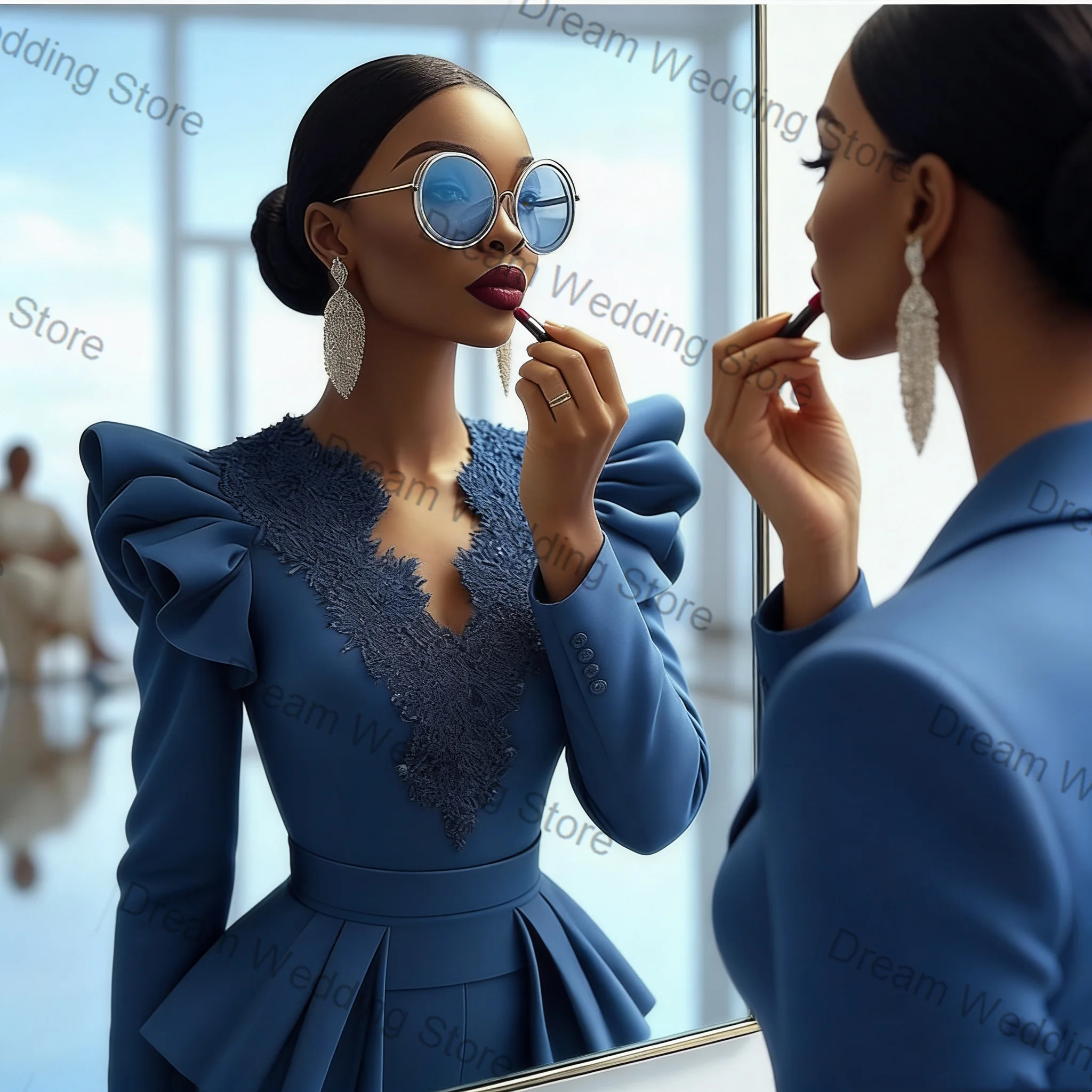 

Blue Women Suit Set 2 Pcs Blazer+Pants Trousers Appliqued Spring Formal Office Lady Jacket Customized Wedding Guest Coat