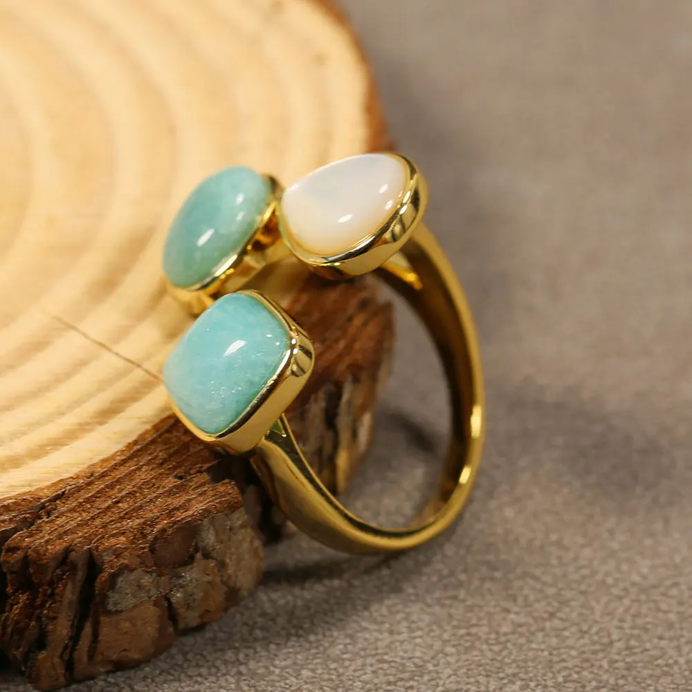 G-G Real Gems Blue Peruvian Amazonite Teardrop White Shell Pearl Ring Electroplated Rings Adjustable Simple Rings image 5