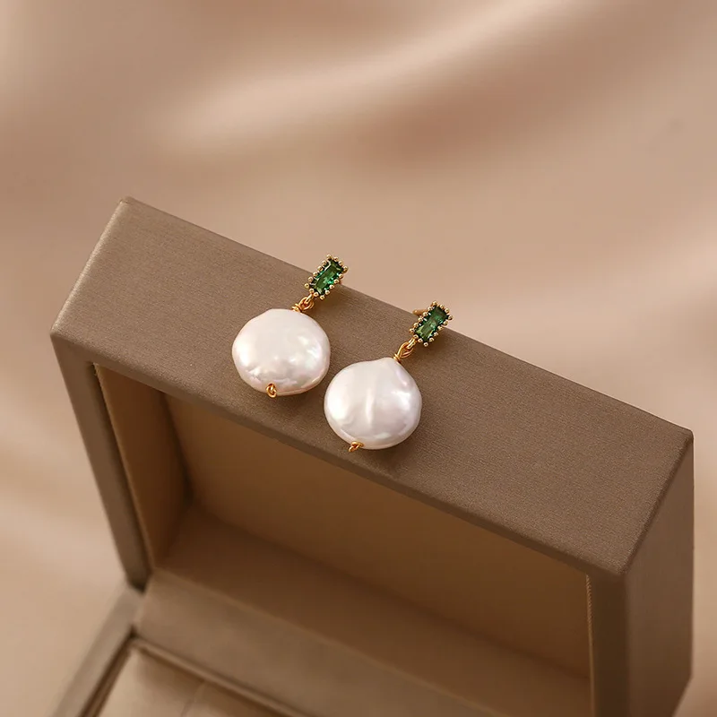14-15mm Big Baroque Freshwater Pearl Stud Earrings Retro Style Green White Pink Zircon Earrings Jewelry Gift 2025 New Arrivals
