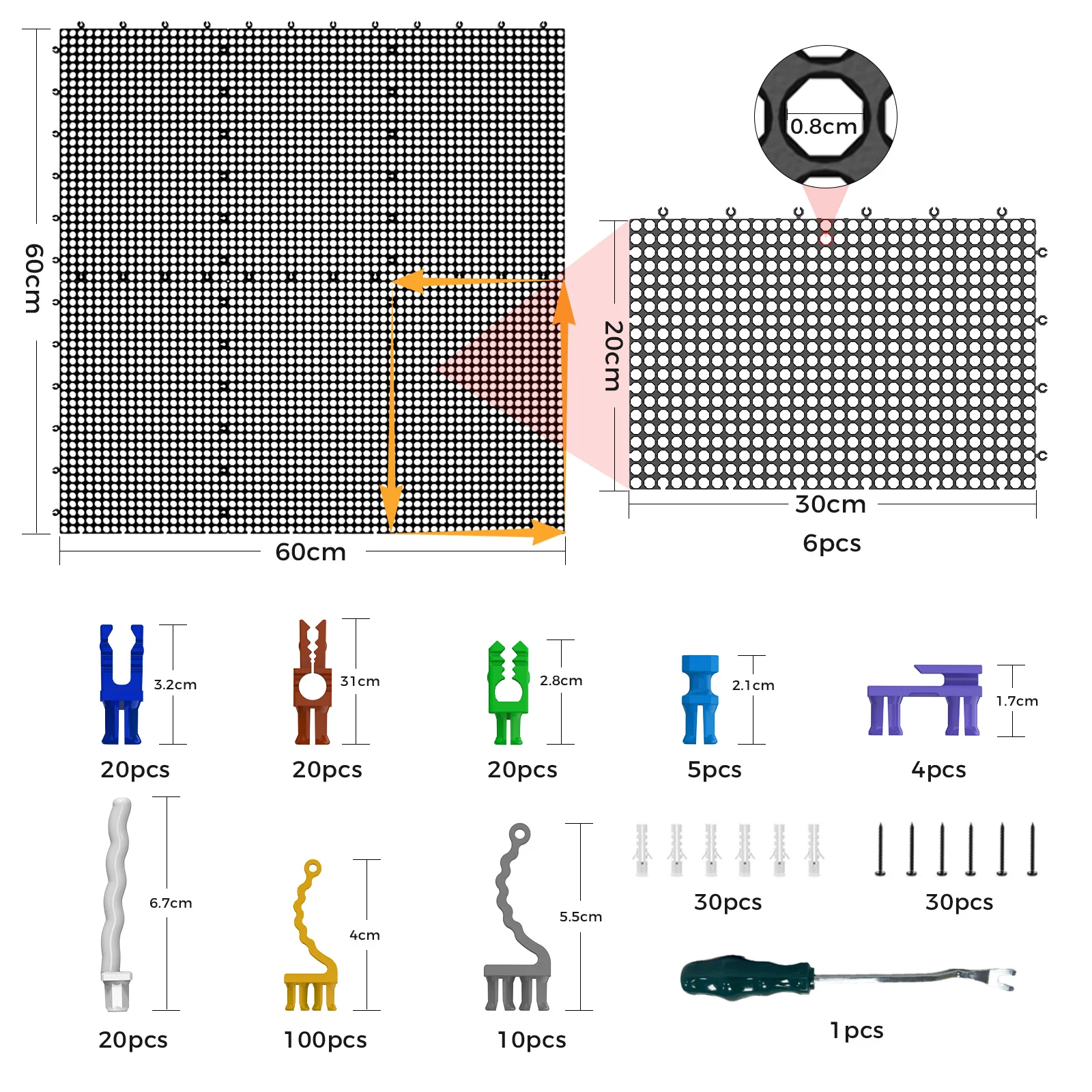 Plastic Pegboard Wall Organizer Kit, 6 Black Panels 60 x 60cm, 200 Accessories with Hooks, Clips & Holders, Modular Tool Storag