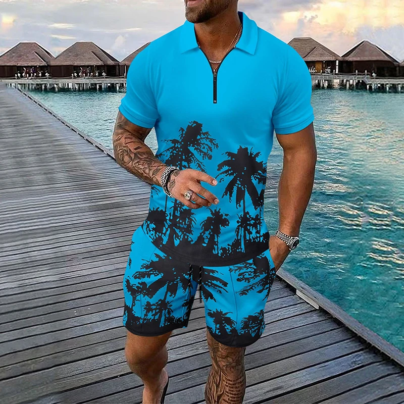 Beach Casual Pattern Print Two Piece Suits Mens Summer Fashion Lapel Short Sleeve Polo Shirt And Shorts Outfits Men Leisure Sets