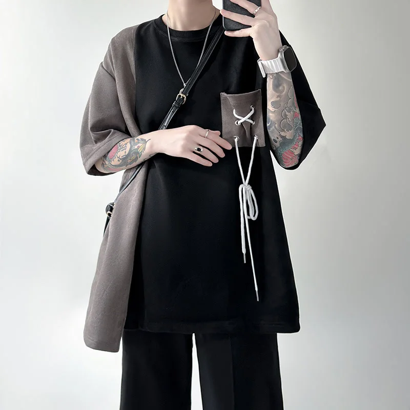 

Vintage Loose Fit Men's T-Shirt Drawstring Pocket Design Color Block Streetwear Short Sleeve Top for Summer