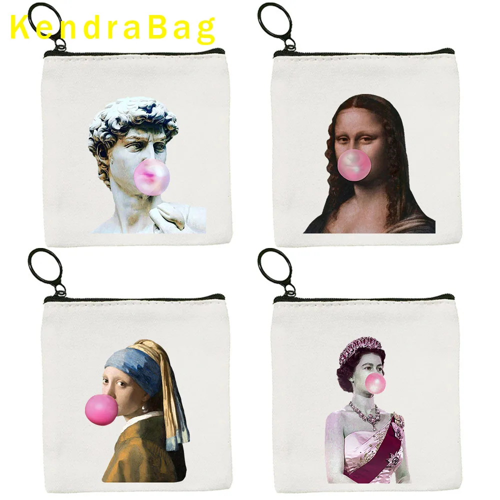 Funny Make Art The Bubble Gum Mona Lisa Van Gogh Sunflower David Girl Painting Key Case Coin Purse Card Canvas Bags Wallet Gifts