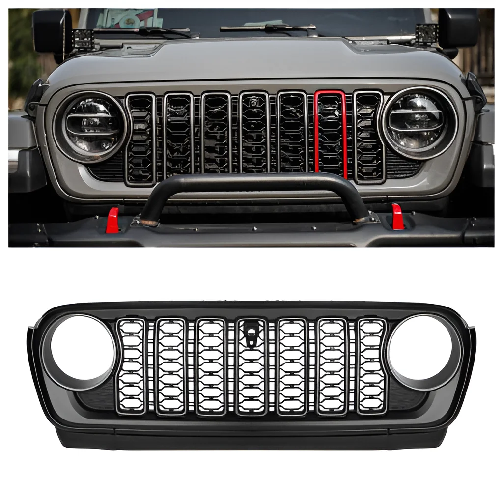 Front Mesh Grille Grid Grill for 2018-2024 Jeep Wrangler Rubicon Sahara Sport JL/JT Grill With Camera Hole Black Plastic