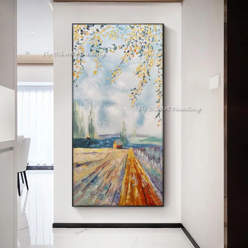 

Simple porch gold foil hand-painted oil painting aisle corridor vertical hanging painting decorative painting landscape