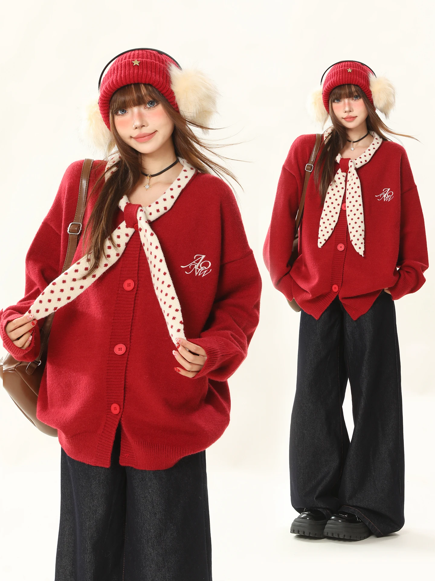 

Красный вязаный свитер-пальто свободного кроя в корейском стиле, с воротником-шарфом в горошек, женский зимний модный свитер в студенческом стиле для Нового года