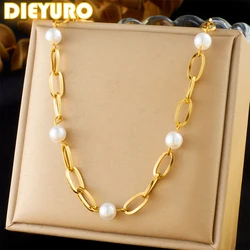 DIEYURO 316L Stainless Steel Golden Rectangular Link Chain Pearl Chokers Necklace For Women New Fashion Neck Chain Jewelry Gift