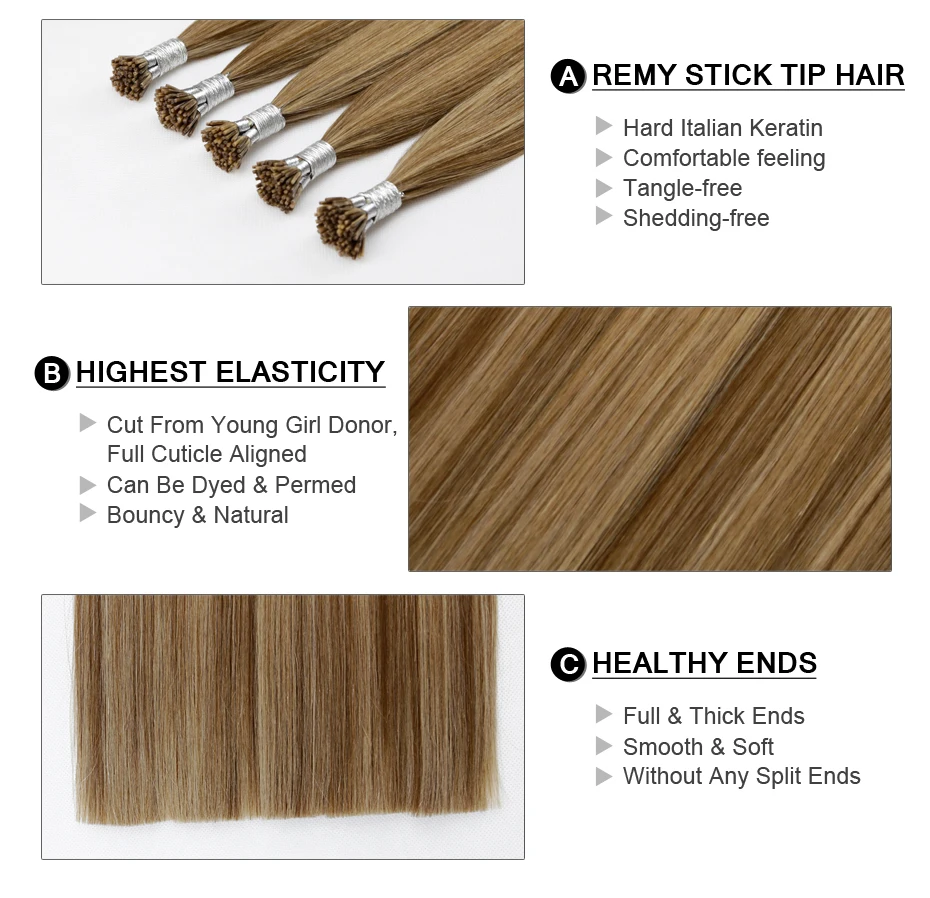 I Tip Human Hair Extensions Real Natural Remy Hair 100% Natural Hair Capsules Micro Ring Fusion Keratin Straight 0.8g/s 16-22