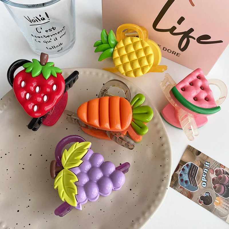 

Cute Fruit Mini Hair Claws Clip for Women Korean Creative Colored Lovely Strawberry Watermelon Grape Lemon Hairpin Headdress