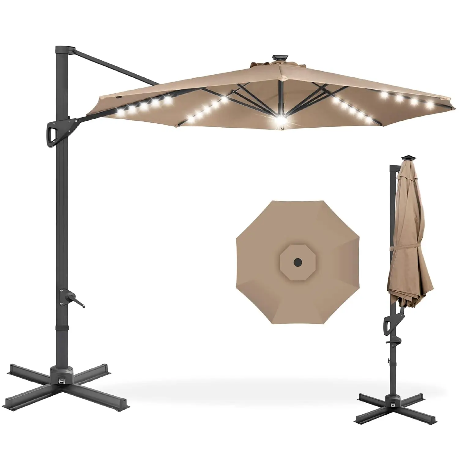 10ft Solar LED Cantilever Umbrella 360° Rotation Offset Outdoor Sun Shade Backyard Poolside Lights Tilt Base, Customized