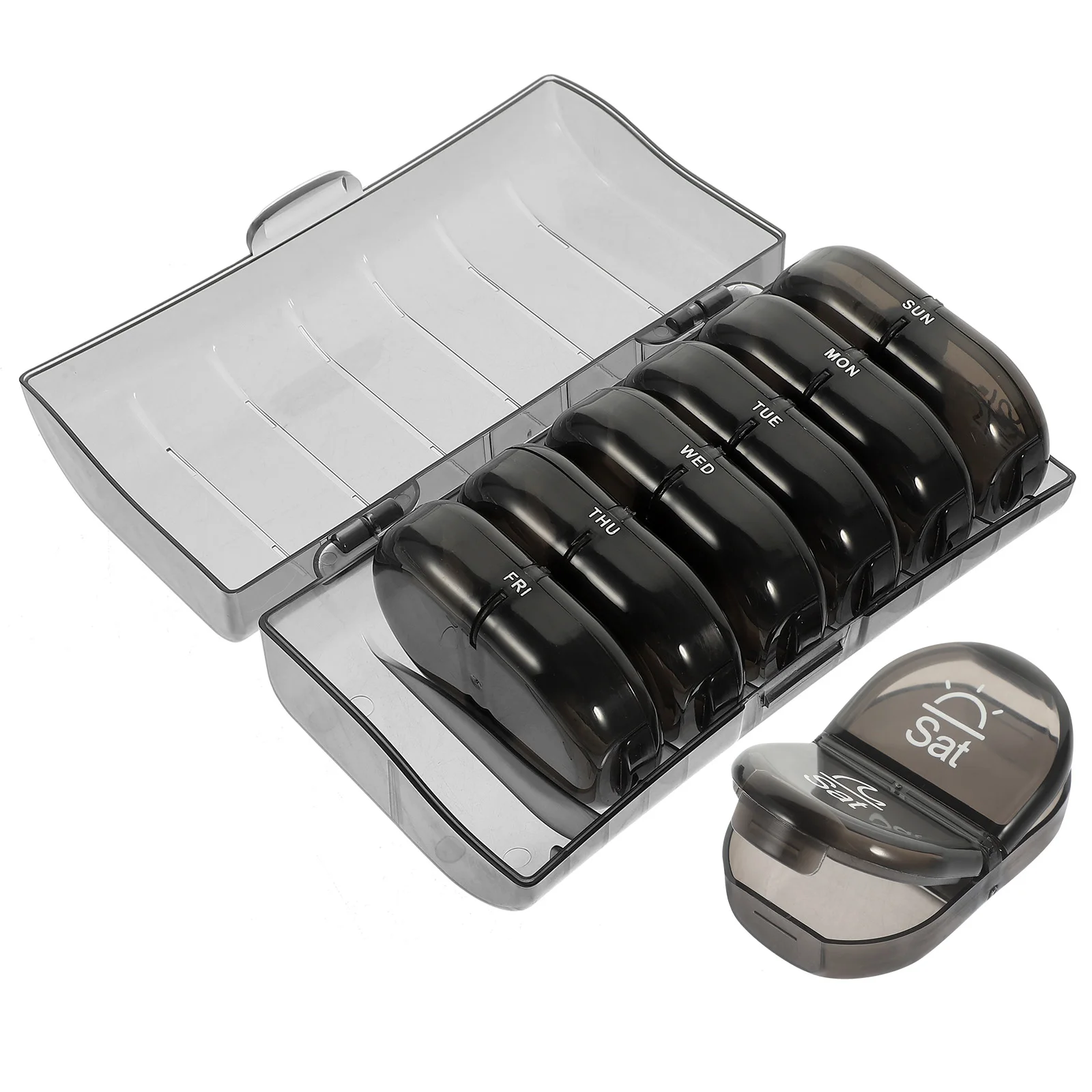 

Портативный 7-дневный диспенсер для таблеток, черный корпус, красочная сетка для путешествий, ежедневное использование, органайзер для лекарств, компактный чехол для хранения, износостойкий