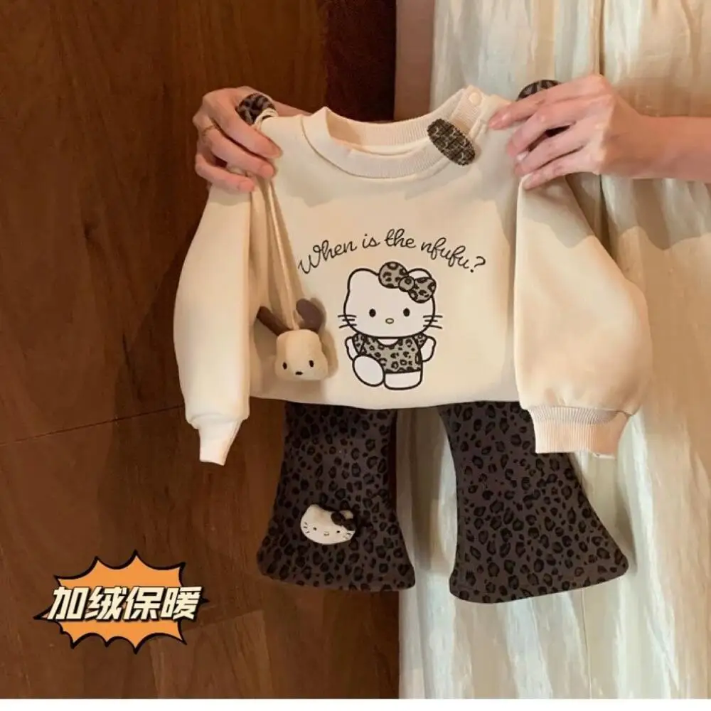 

Sanrio Girls' Clothing Autumn and Winter Suits 2025 Children's Sweatshirt Hello Kitty Tops & Leopard Print Trousers Sportswear