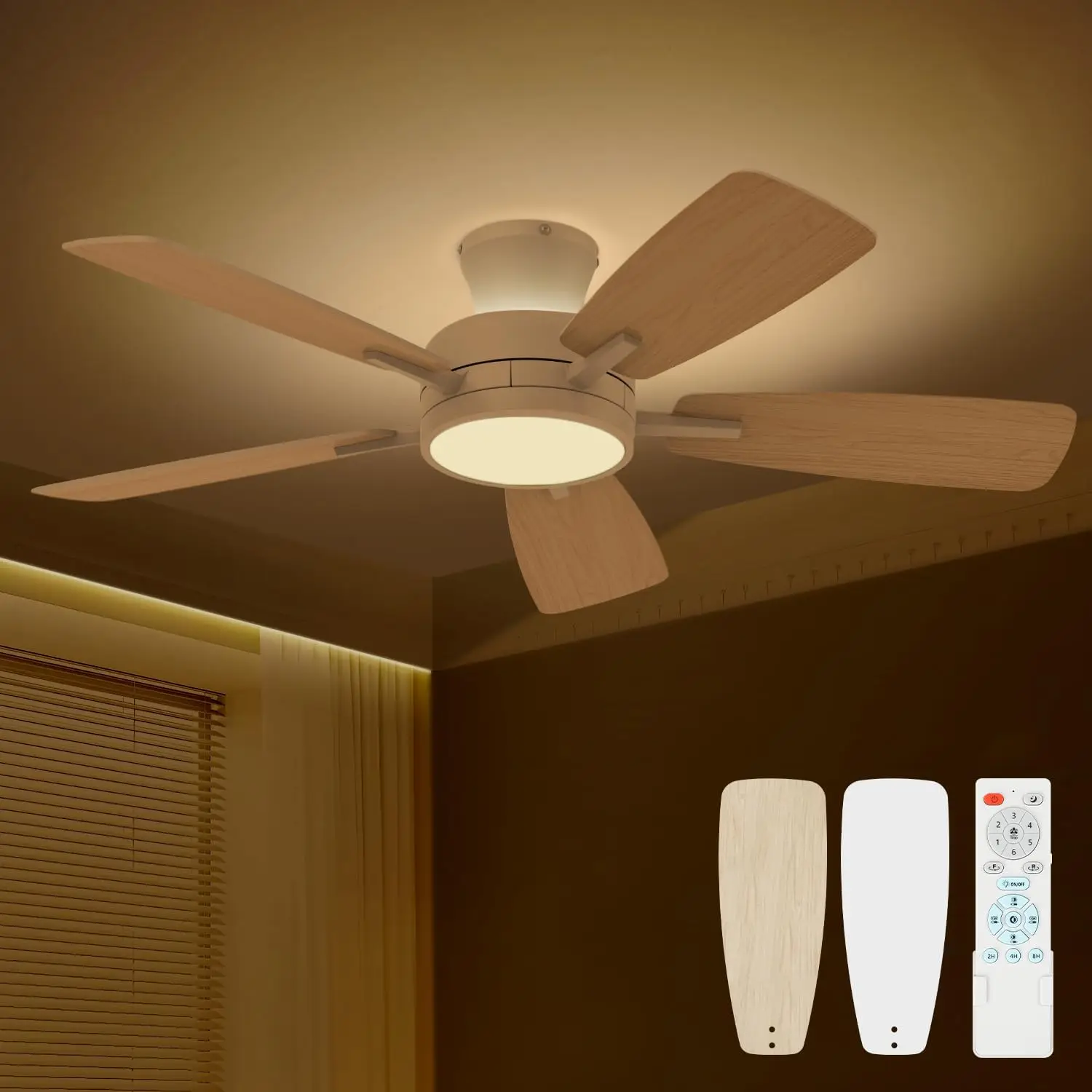

Ceiling Fans with Lights and Remote, 46 Inch Low Profile Ceiling Fan with Light, Flush Mount, Reversible, 3CCT, Dimmable White M