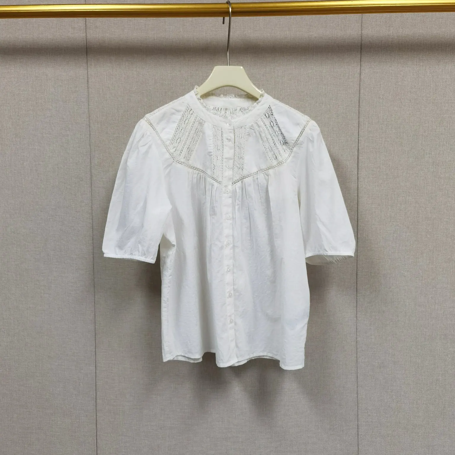 

French Style Loose Fit Cotton Bubble Sleeve Embroidered Hollow out round Neck Short Sleeve Shirt Pure Color Summer New Arrival