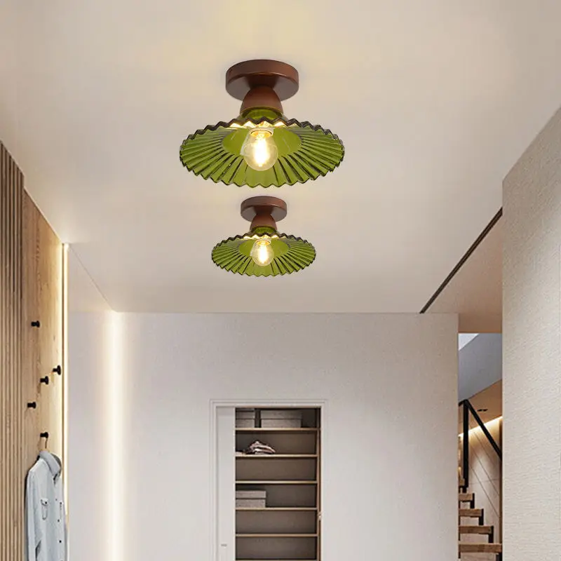 American Retro Corridor Aisle Celling Lamps Medium Antique Walnut Color Solid Wood Glass Porch Balcony Living Room Pendant Light